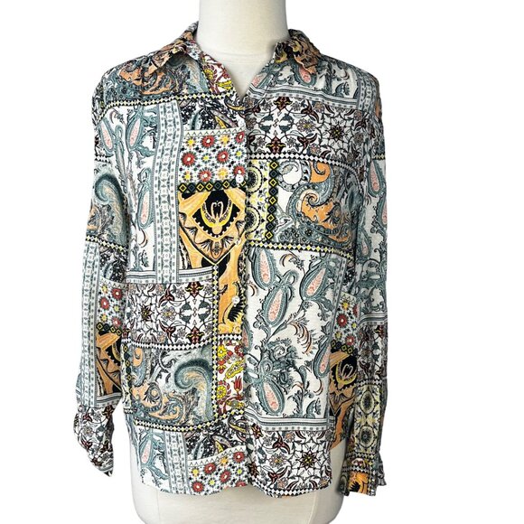 Jane & Delancey Button Front Shirt Womens Small Rolled Sleeves Retro - Picture 1 of 8